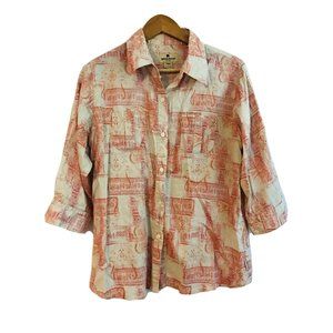 Woolrich Womens Large 3/4 Sleeve Blouse Beige Red Paisley